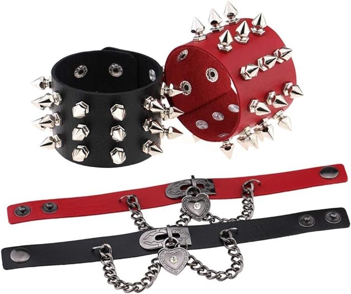 Pulseras Unisex para Hombre y Mujer, 4 Piezas Pulsera Ajustable de Cuero con Tachuelas corazón de Metal Negro y Punk